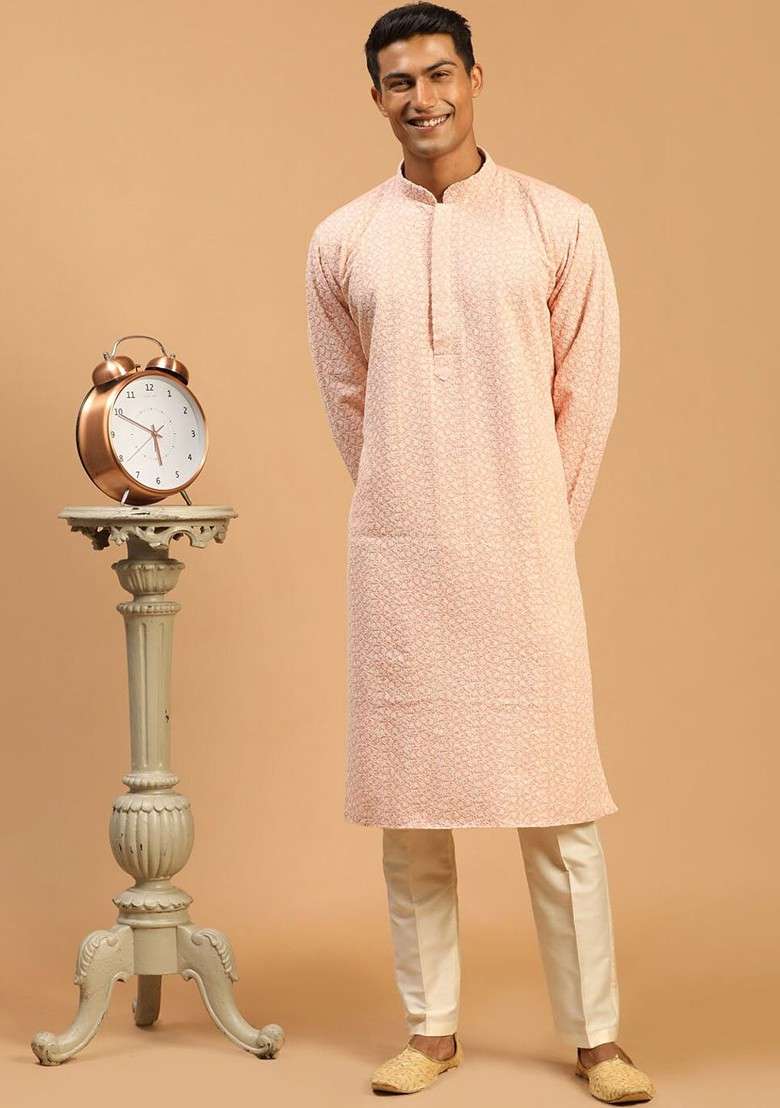 Pink Ethnic Motifs Poly Blend Kurta Set For Men - Indya