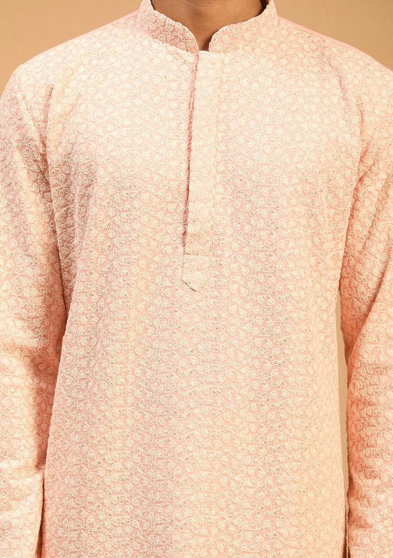 Pink Ethnic Motifs Poly Blend Kurta Set For Men