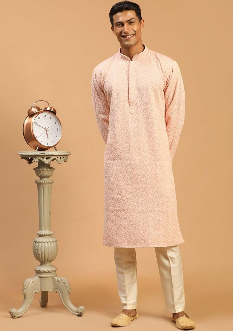Pink Ethnic Motifs Poly Blend Kurta Set For Men