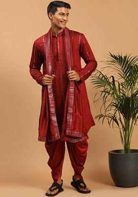Maroon Embroidered Poly Blend Kurta Set For Men