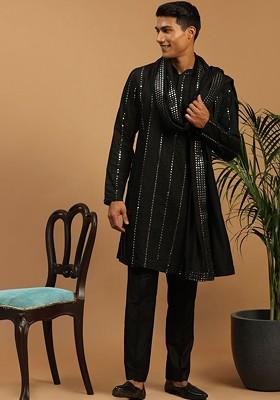Black Embroidered Poly Blend Kurta Set For Men