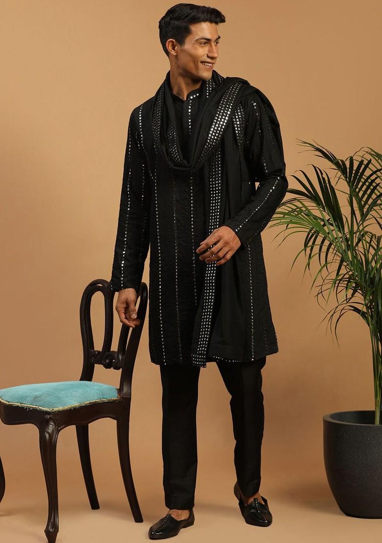Black Embroidered Poly Blend Kurta Set For Men