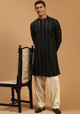 Black Embroidered Poly Blend Kurta Set For Men