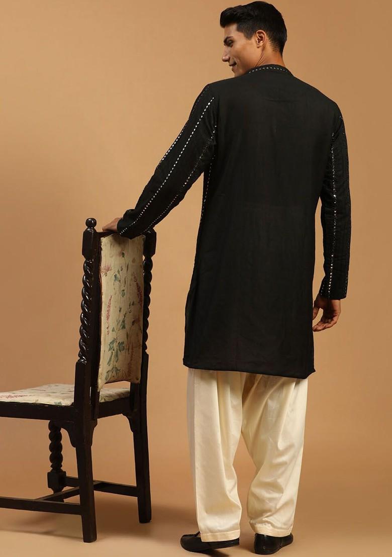 Black Embroidered Poly Blend Kurta Set For Men