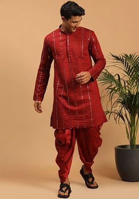 Maroon Embroidered Poly Blend Kurta Set For Men