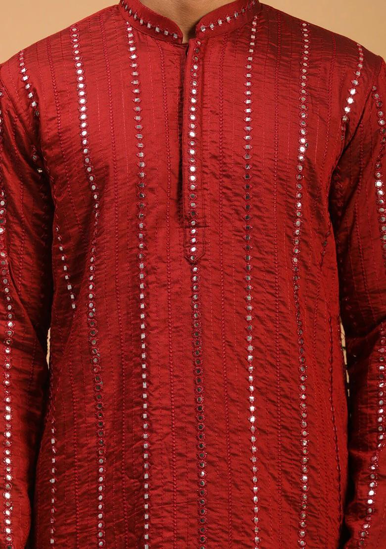 Maroon Embroidered Poly Blend Kurta Set For Men