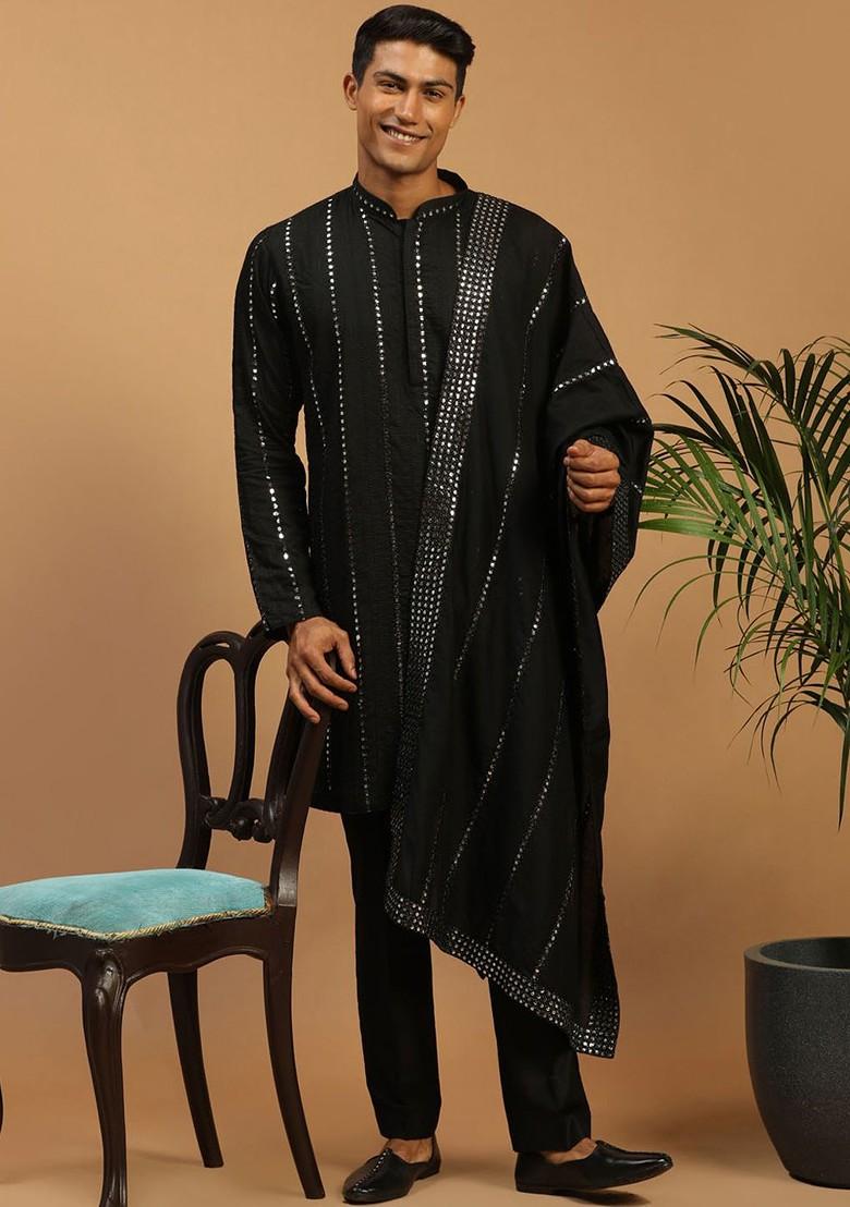 Black Mirror Work Poly Blend Kurta Set For Men