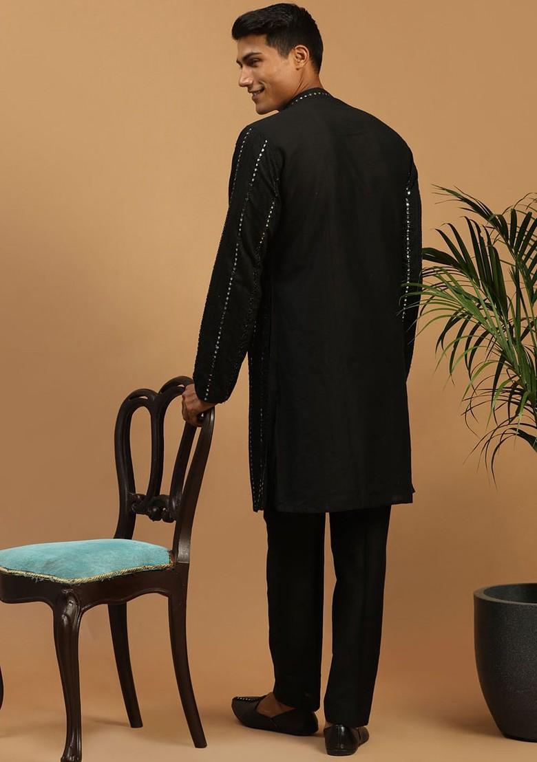 Black Mirror Work Poly Blend Kurta Set For Men