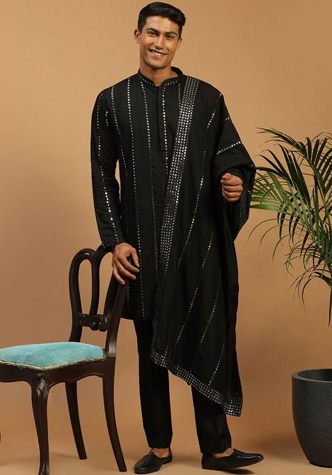 Black Mirror Work Poly Blend Kurta Set For Men