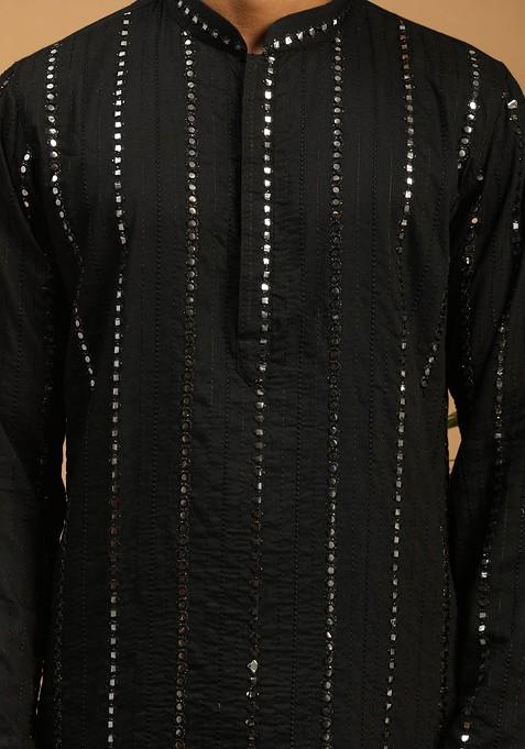 Black Mirror Work Poly Blend Kurta Set For Men