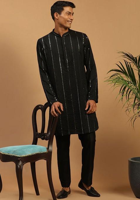 Black Mirror Work Poly Blend Kurta Set For Men