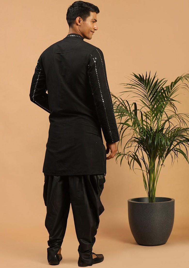 Black Embroidered Poly Blend Kurta Set For Men