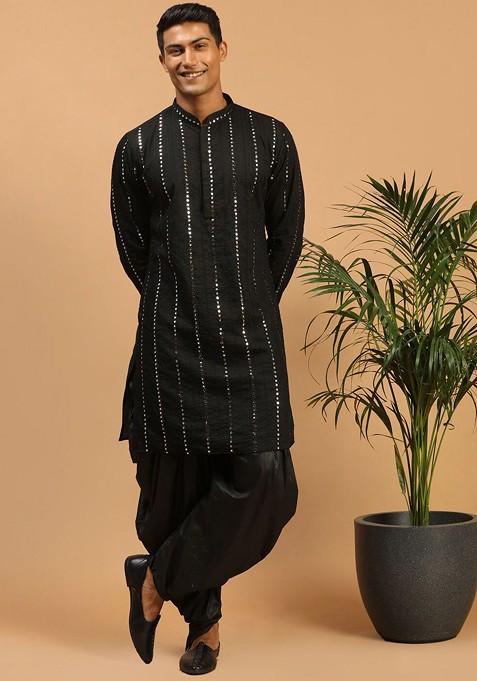 Black Embroidered Poly Blend Kurta Set For Men
