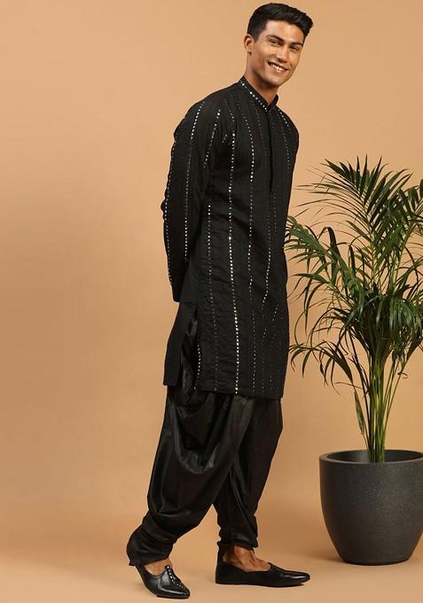 Black Embroidered Poly Blend Kurta Set For Men