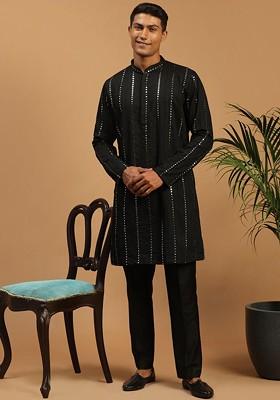 Black Embroidered Poly Blend Kurta Set For Men