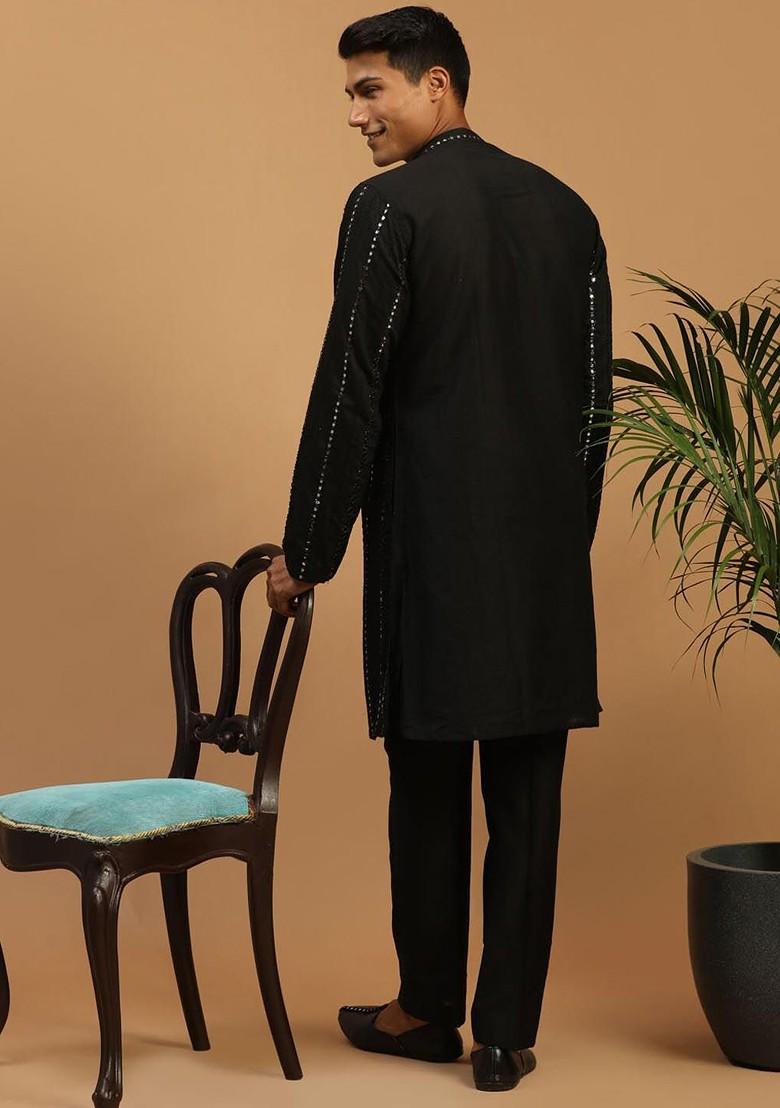 Black Embroidered Poly Blend Kurta Set For Men