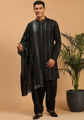 Black Embroidered Poly Blend Kurta Set For Men