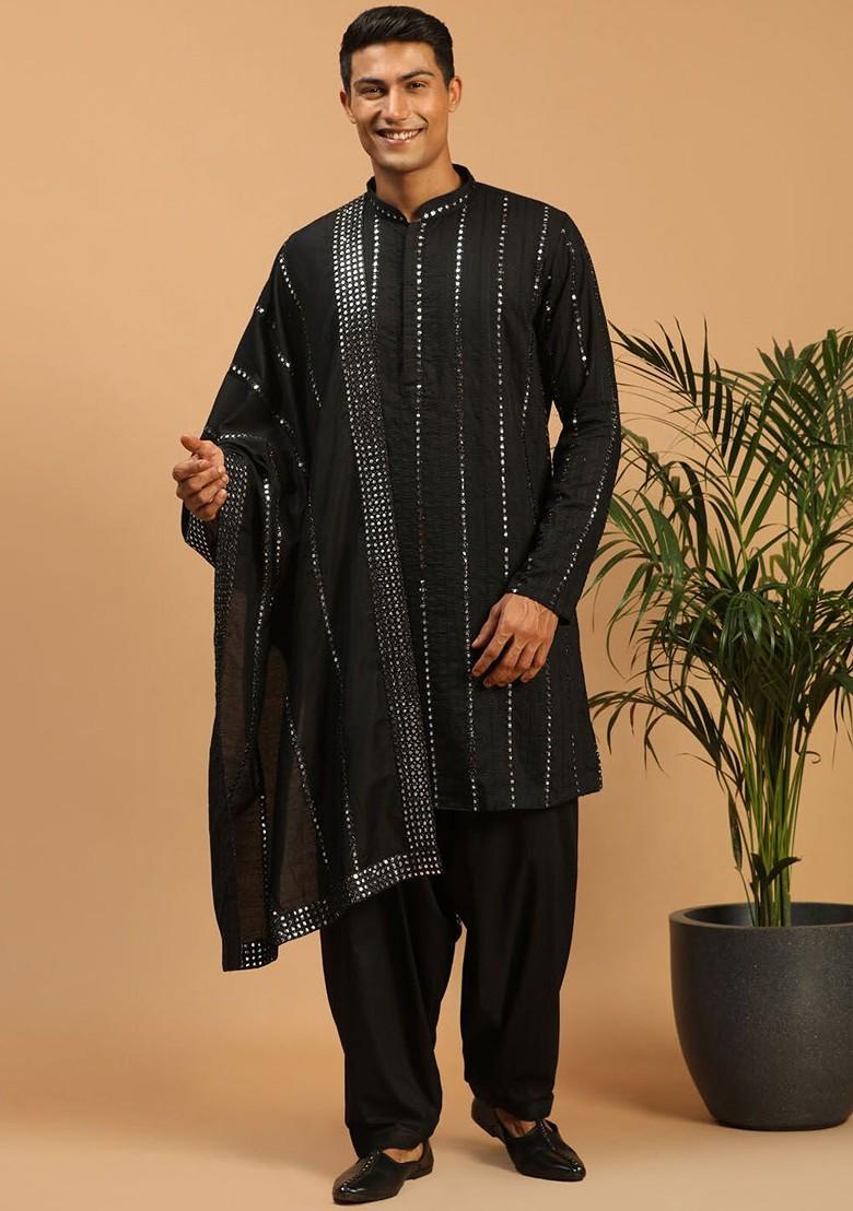 Black Embroidered Poly Blend Kurta Set For Men