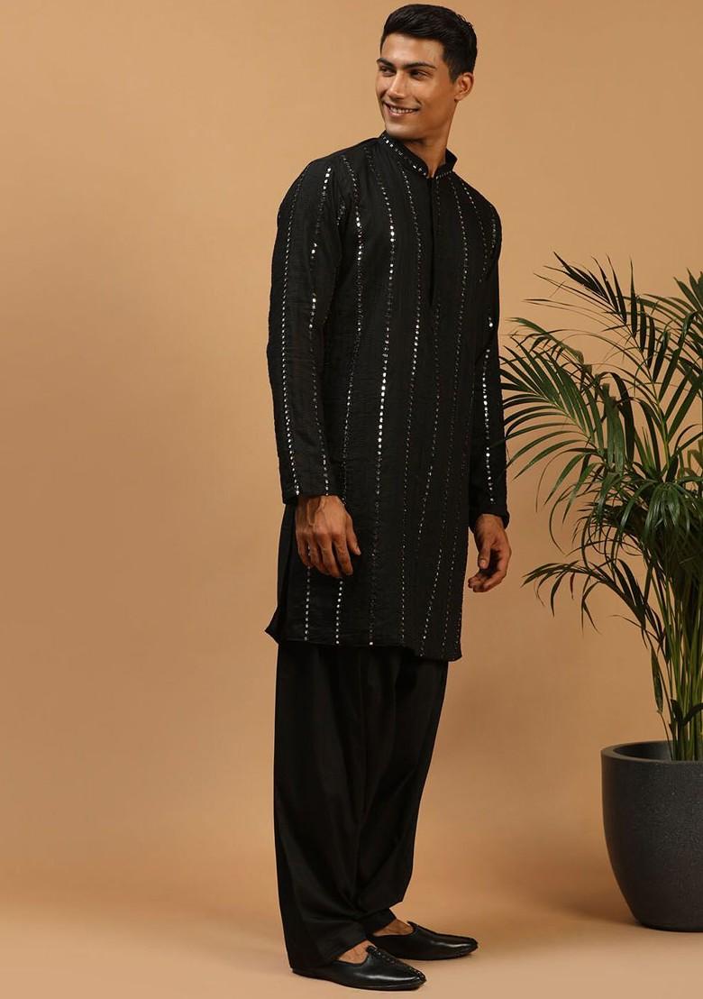 Black Embroidered Poly Blend Kurta Set For Men