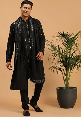 Black Embroidered Poly Blend Kurta Set For Men