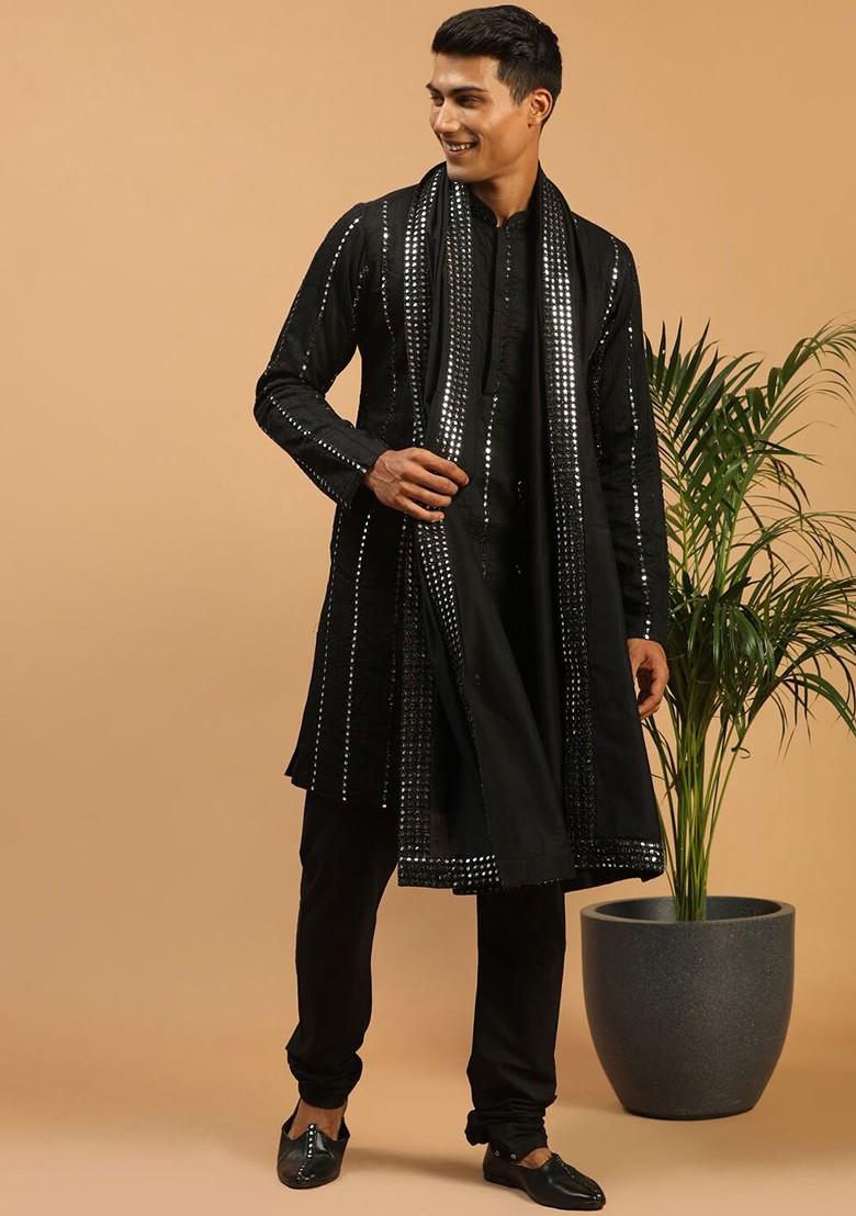 Black Embroidered Poly Blend Kurta Set For Men