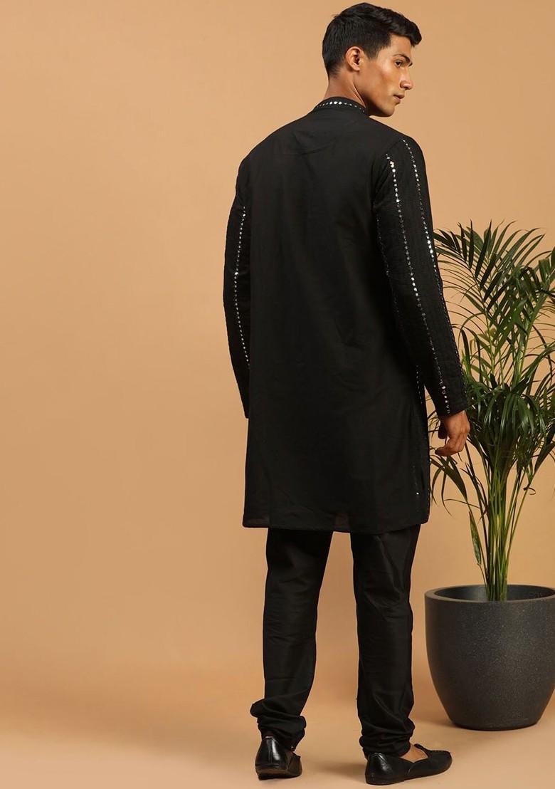 Black Embroidered Poly Blend Kurta Set For Men