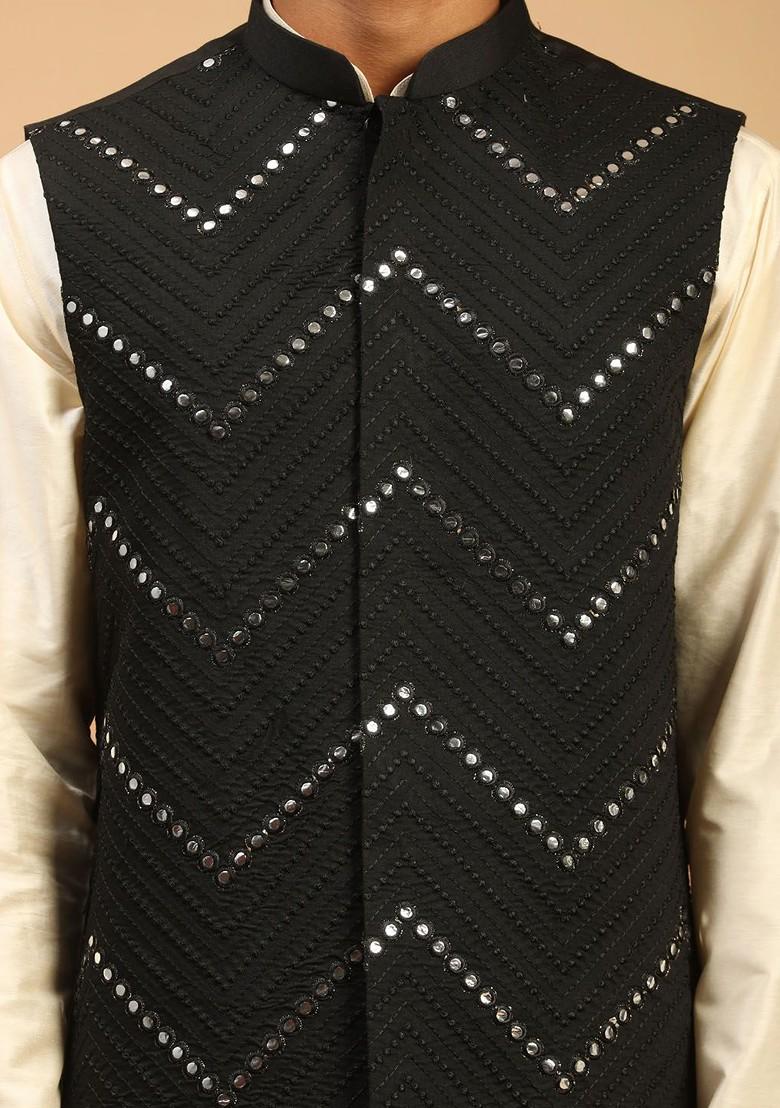 Cream Embroidered Poly Blend Kurta Set For Men