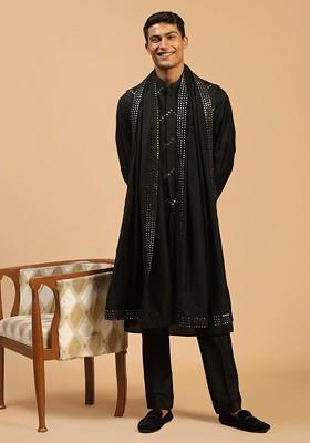 Black Embroidered Poly Blend Kurta Set For Men