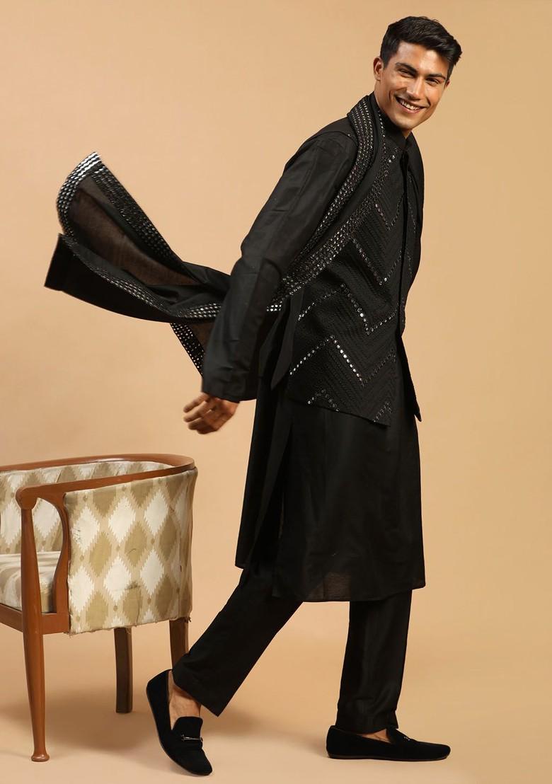Black Embroidered Poly Blend Kurta Set For Men