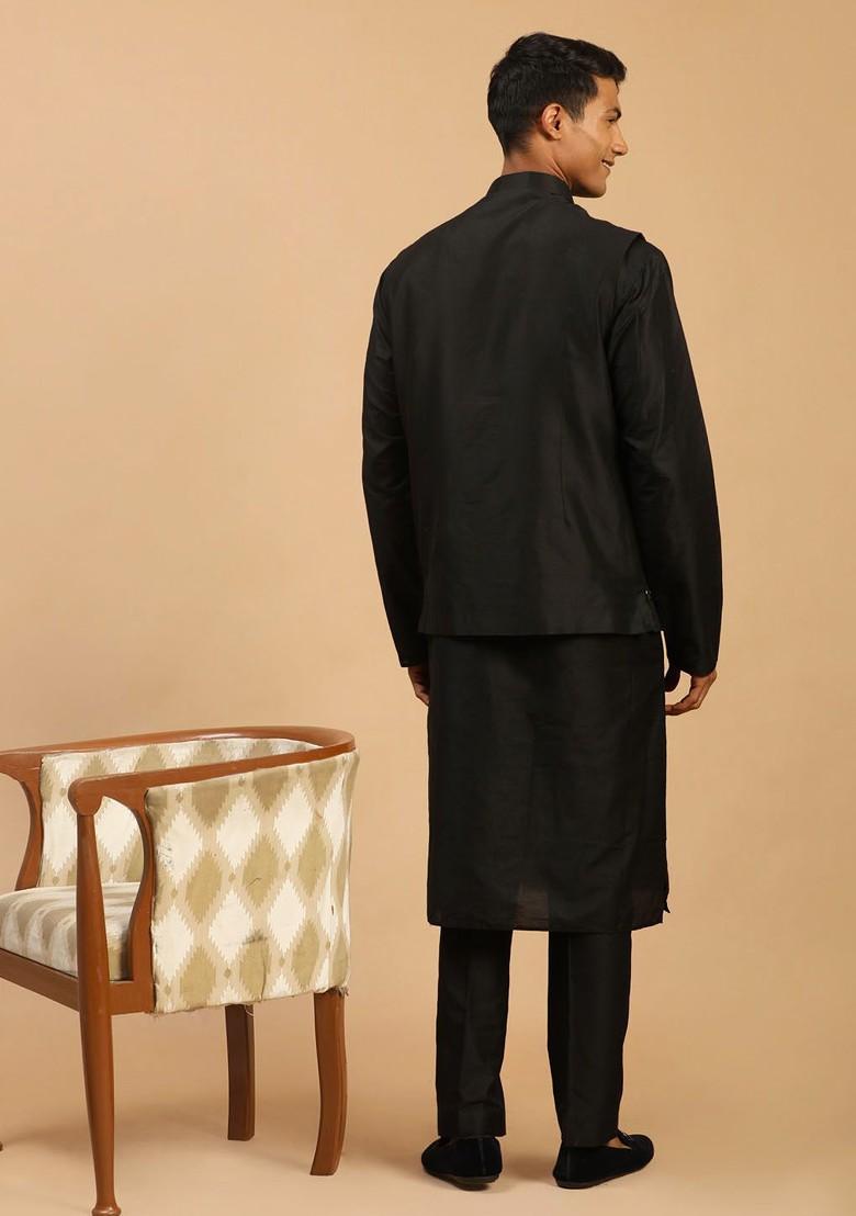 Black Embroidered Poly Blend Kurta Set For Men