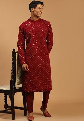 Maroon Embroidered Poly Blend Kurta Set For Men