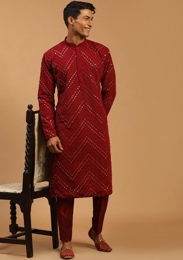 Maroon Embroidered Poly Blend Kurta Set For Men