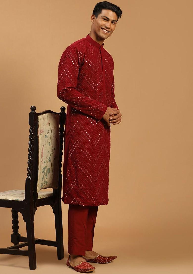 Maroon Embroidered Poly Blend Kurta Set For Men