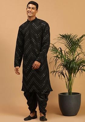 Black Embroidered Poly Blend Kurta Set For Men