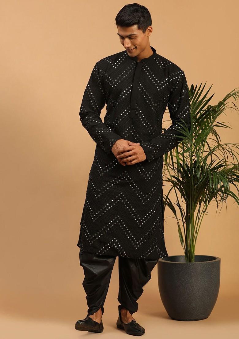 Black Embroidered Poly Blend Kurta Set For Men