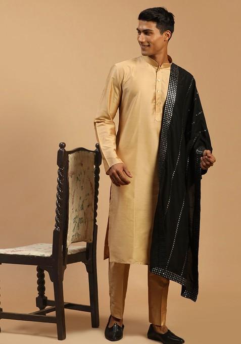 Rose Gold Mirror Work Poly Blend Kurta Set For Men