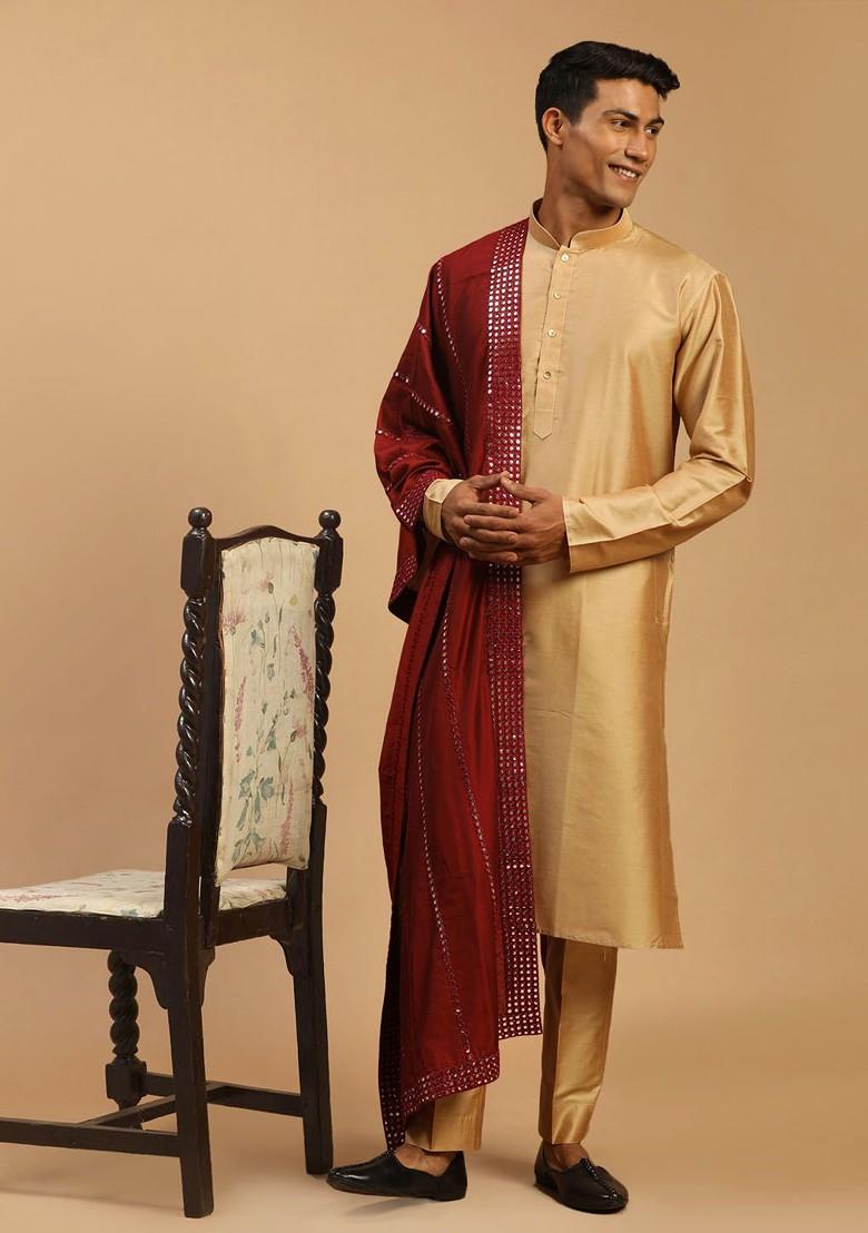 Rose Gold Mirror Work Poly Blend Kurta Set For Men