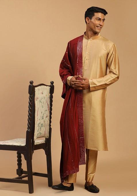 Rose Gold Mirror Work Poly Blend Kurta Set For Men