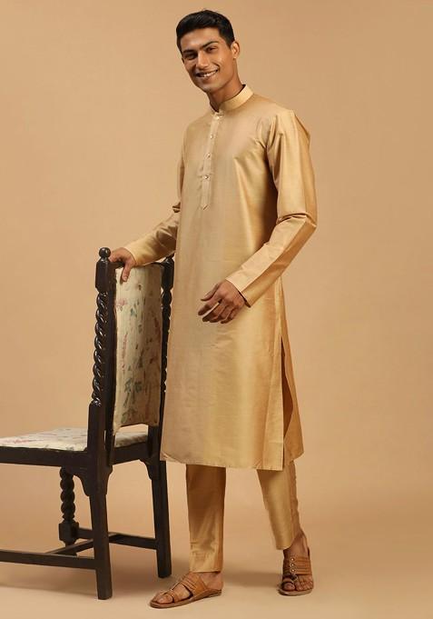 Rose Gold Mirror Work Poly Blend Kurta Set For Men