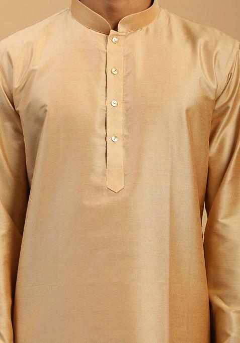 Rose Gold Mirror Work Poly Blend Kurta Set For Men