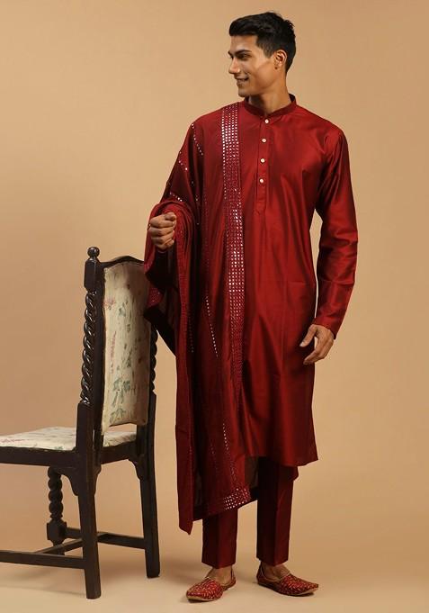 Maroon Mirror Work Poly Blend Kurta Set For Men