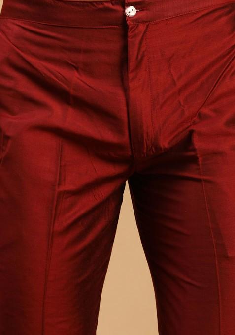 Maroon Mirror Work Poly Blend Kurta Set For Men