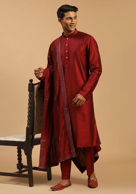 Maroon Mirror Work Poly Blend Kurta Set For Men