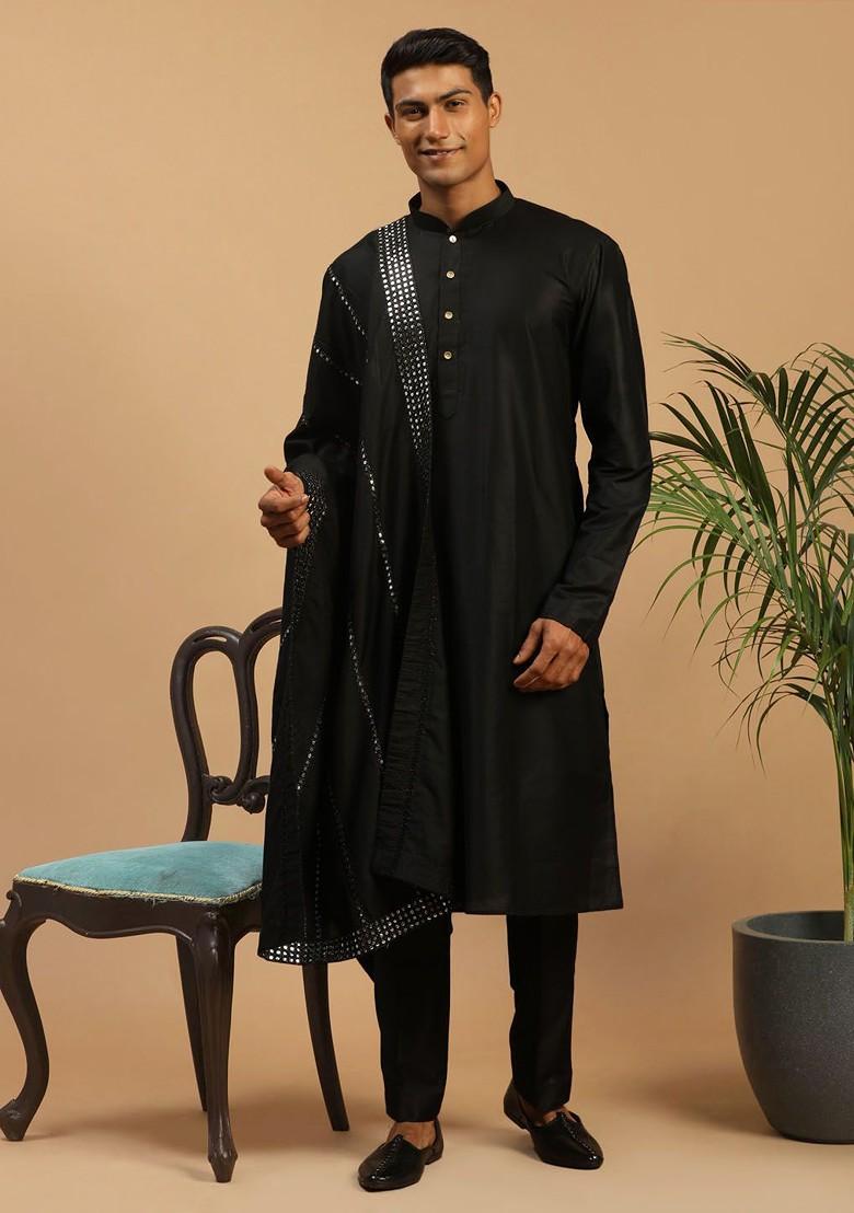 Black Mirror Work Poly Blend Kurta Set For Men