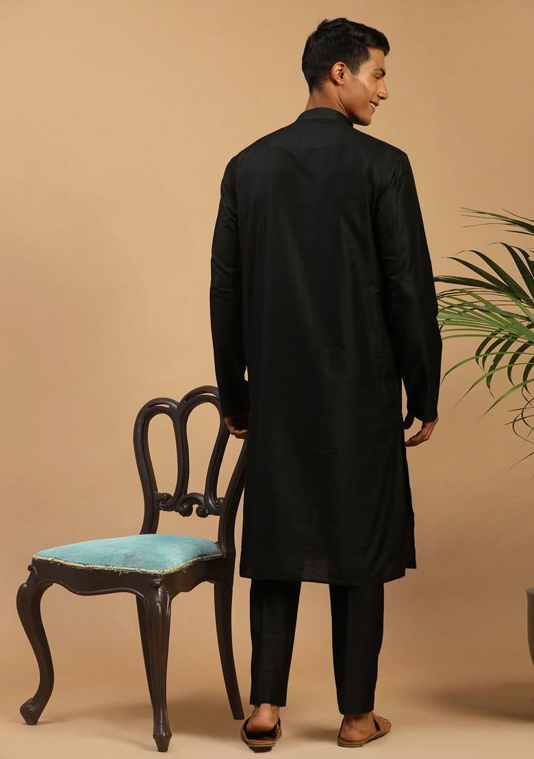 Black Mirror Work Poly Blend Kurta Set For Men