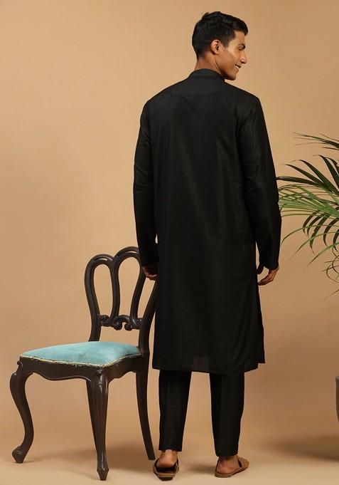 Black Mirror Work Poly Blend Kurta Set For Men