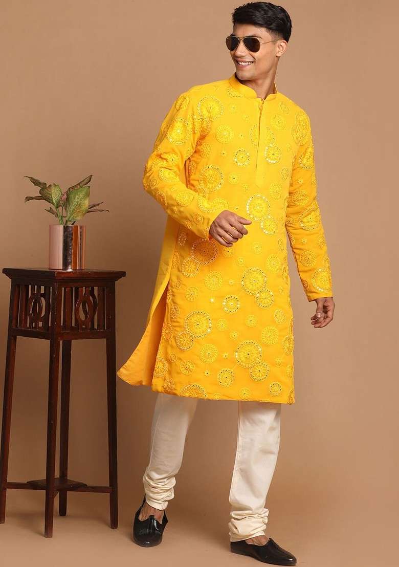 Yellow Ethnic Motifs Poly Blend Kurta Set For Men - Indya