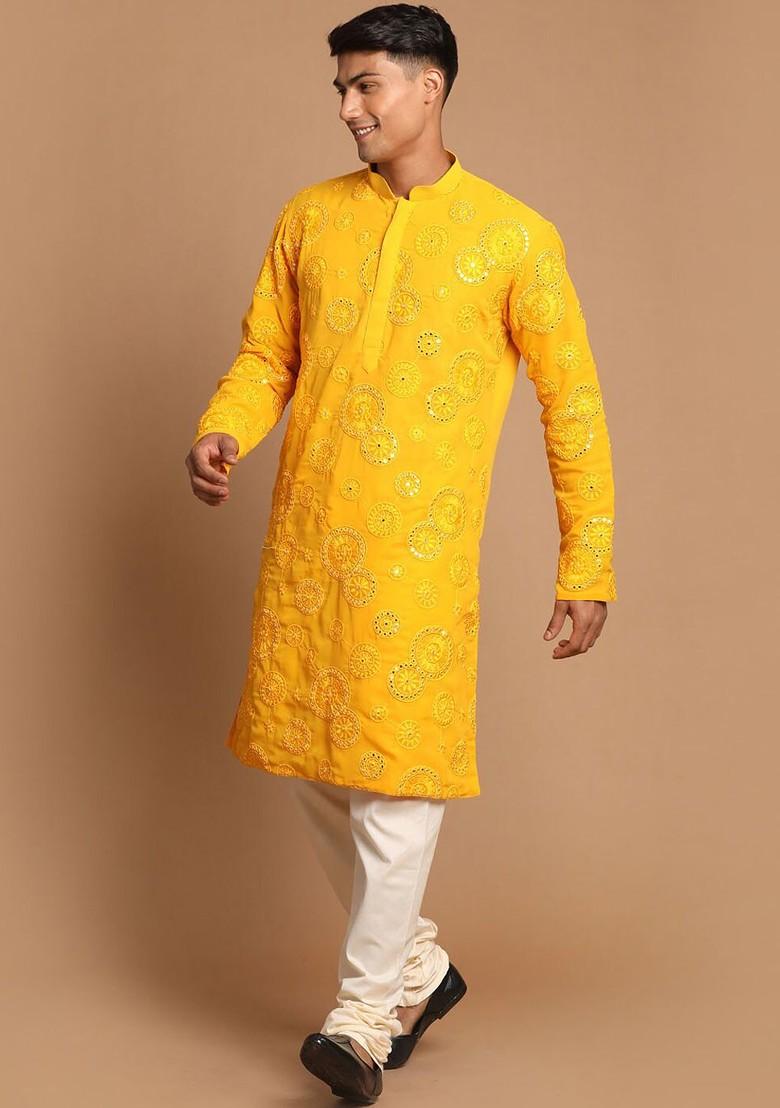 Yellow Ethnic Motifs Poly Blend Kurta Set For Men