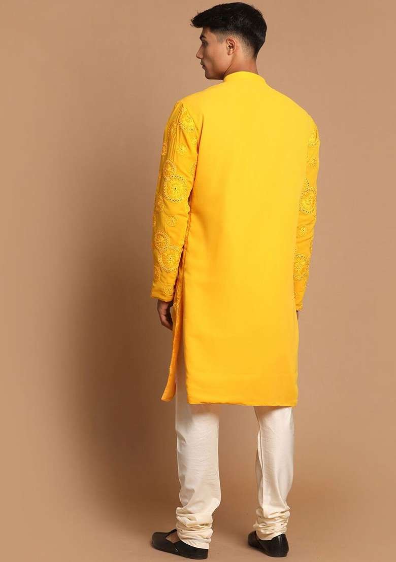 Yellow Ethnic Motifs Poly Blend Kurta Set For Men - Indya