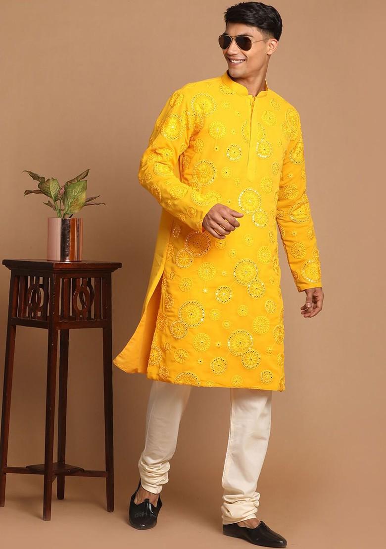 Yellow Ethnic Motifs Poly Blend Kurta Set For Men